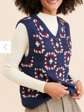 BDG Navy Blue Patterned Knit Vest with Red and White Accents